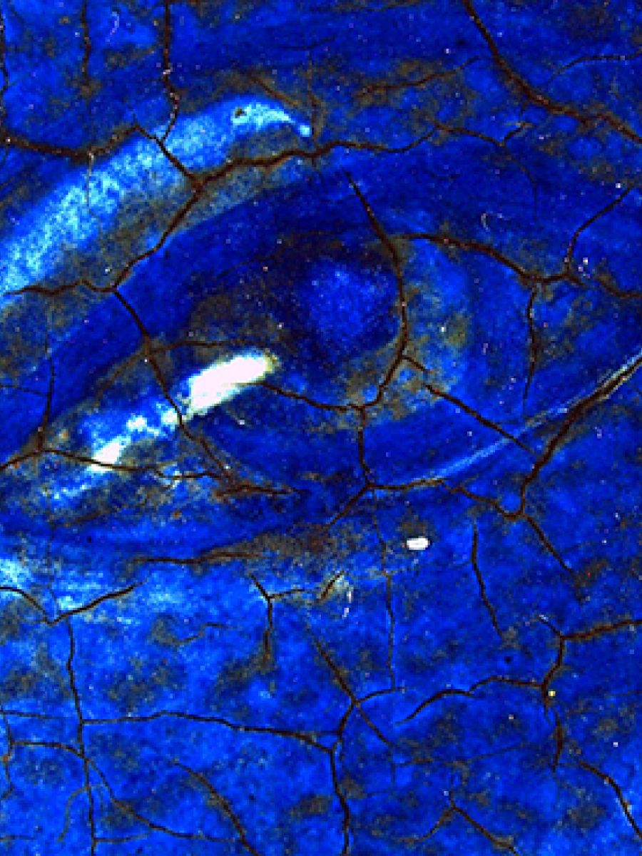 Détail au microscope, la couleur bleue est faite de pierres précieuses broyées.