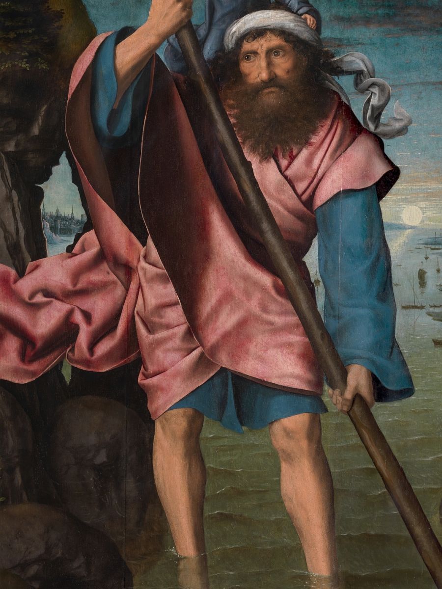 Working with oil paint means you can leave underlying layers visible. This St Christopher by Quentin Massys seems to step through real water.