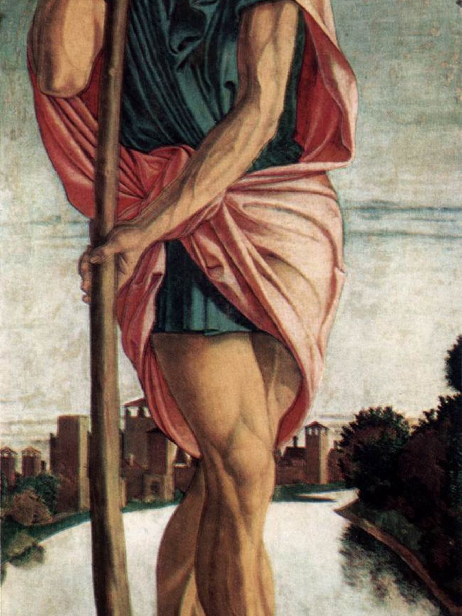 In Giovanni Bellini’s version, the saint’s legs are cut off by the surface of the milky water.
