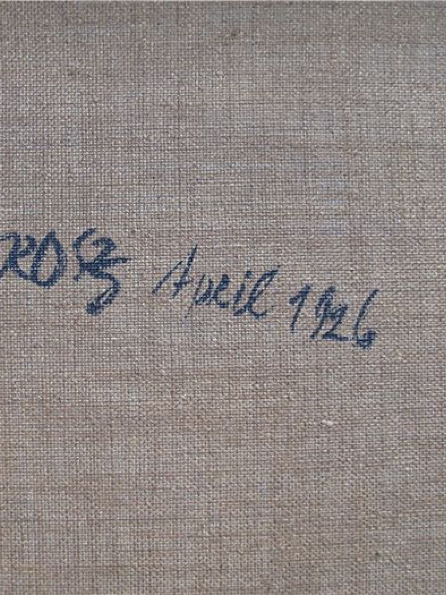 Grosz plaatste zijn handtekening en de datum op de achterzijde van het schilderij.