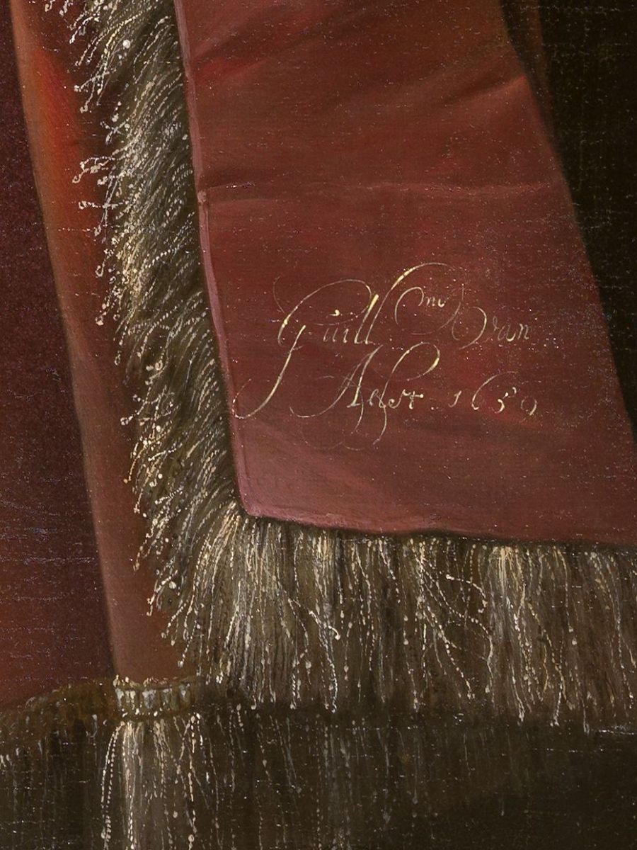 Tafelkleed in gekalligrafeerde, gouden letters de handtekening van de maker: Guillmo van Aelst 1659